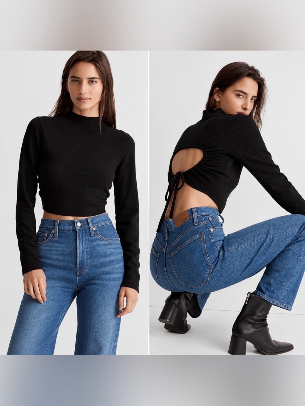Madewell Ribbed Mock Neck Open Back Crop Top Black Tie Long Sleeve Y2K Small